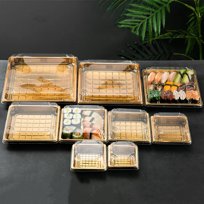 One Time Packaging Box Rectangular Tableware Gold Plate Plastic With Lid Salmon Sushi High Grade Food Tool Container 50pcs