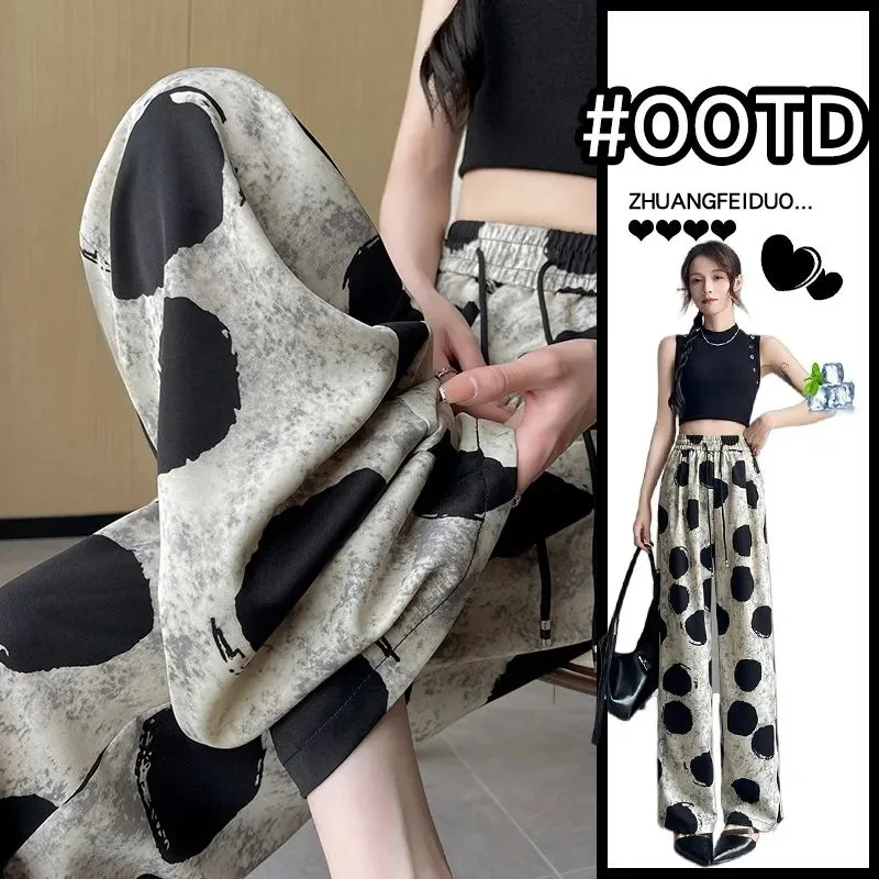 

Модные женские летние брюки с широкими штанинами в крупный горошек, тонкие, новые, с высокой талией, свободные, повседневные, прямые, на резинке