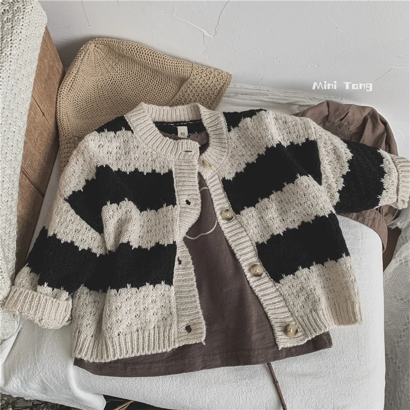 Spring And Autumn Newborn Baby Boys And Girls Baby Black And White Striped Knitted Cardigan Children\'s Casual Loose Baby Clothes