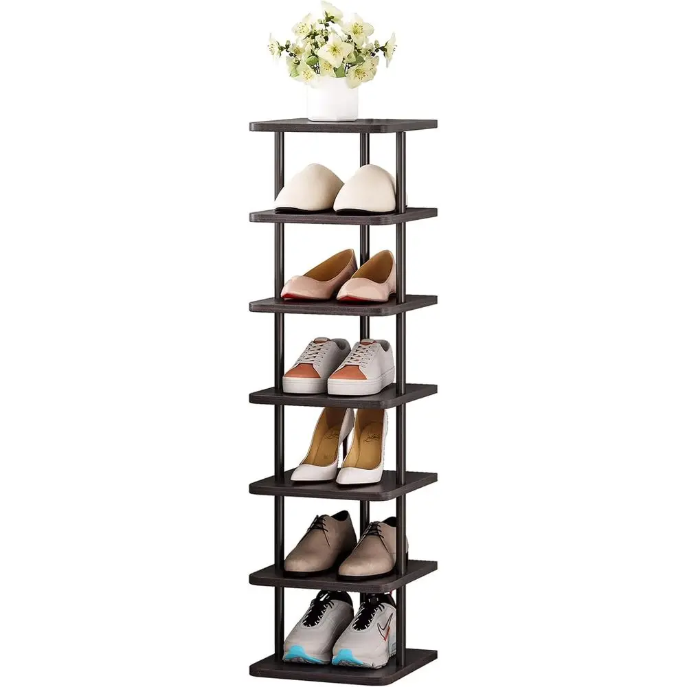 

7-Tier Wooden Shoe Rack Organizer - Space-Saving Storage for Entryway, Living Room, Bedroom (Black + Rustic Brown)