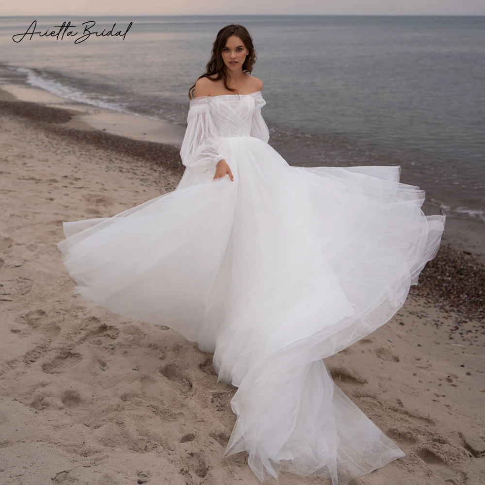 

Arietta Simple Off the Shoulder Beach Wedding Dresses Long Sleeves Glitter Tulle A-Line Bride Dresses Boho Wedding Gowns