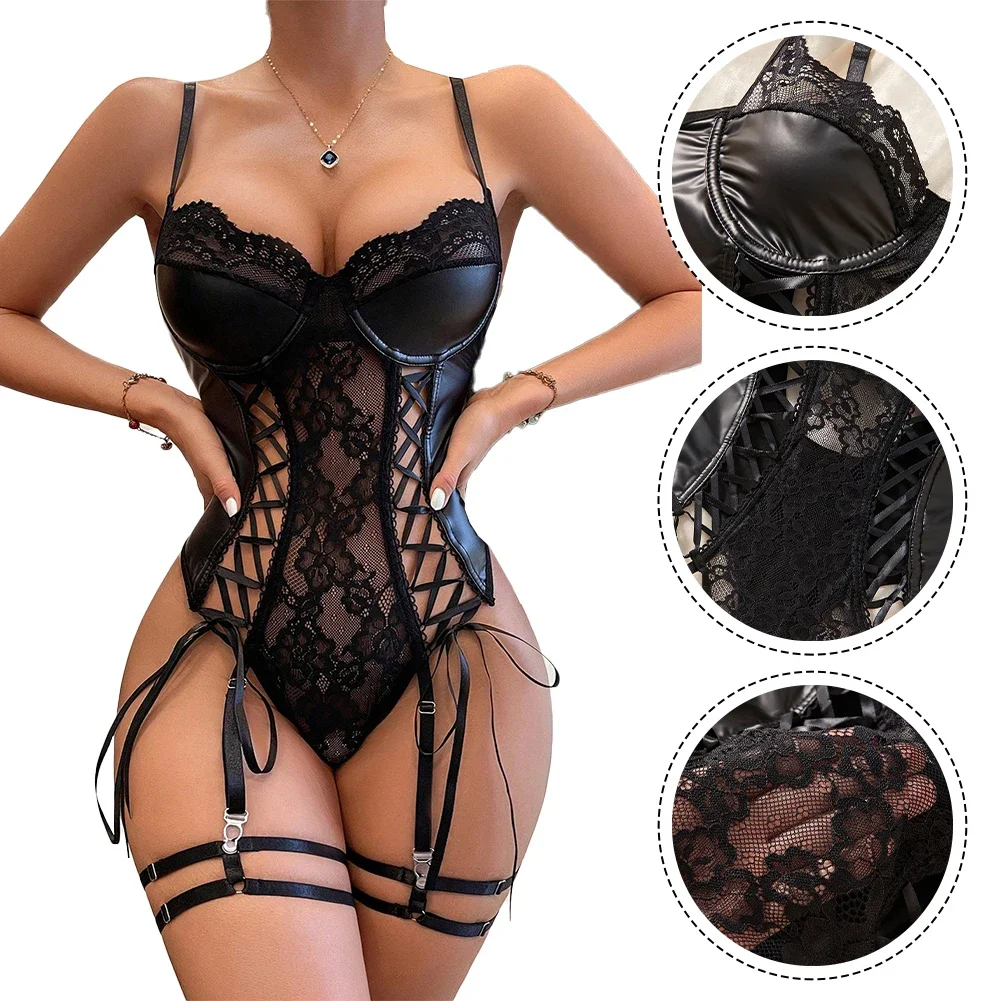 Womens New Style Sexy Suspenders Pajamas Fishnet PU Leather Hollow Jumpsuit