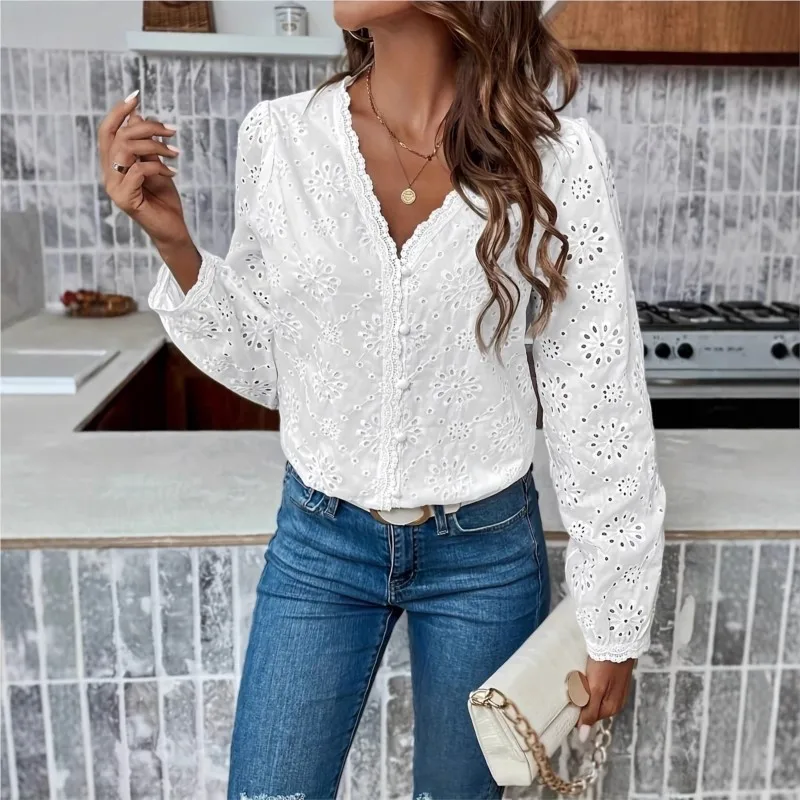 2025 neue Frauen Bluse Elegante Büro Tops Casual Langarm Shirt Frühling Herbst V-ausschnitt Spitze Button Up Weiß