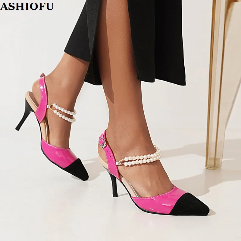 

ASHIOFU Handmade 2024 New Arrival Womens 9cm High Heels Sandals Patchwork Leather Beading String Cap-toe Fashion Hot Sale Shoes