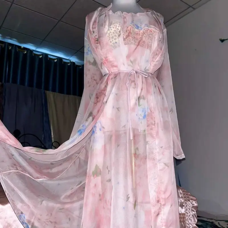 Pink Silk Printed See Through Suspender Nightgown Set Ruffled Suspender Dress Robe With Belt Silky Touch Nightdress Plus Size