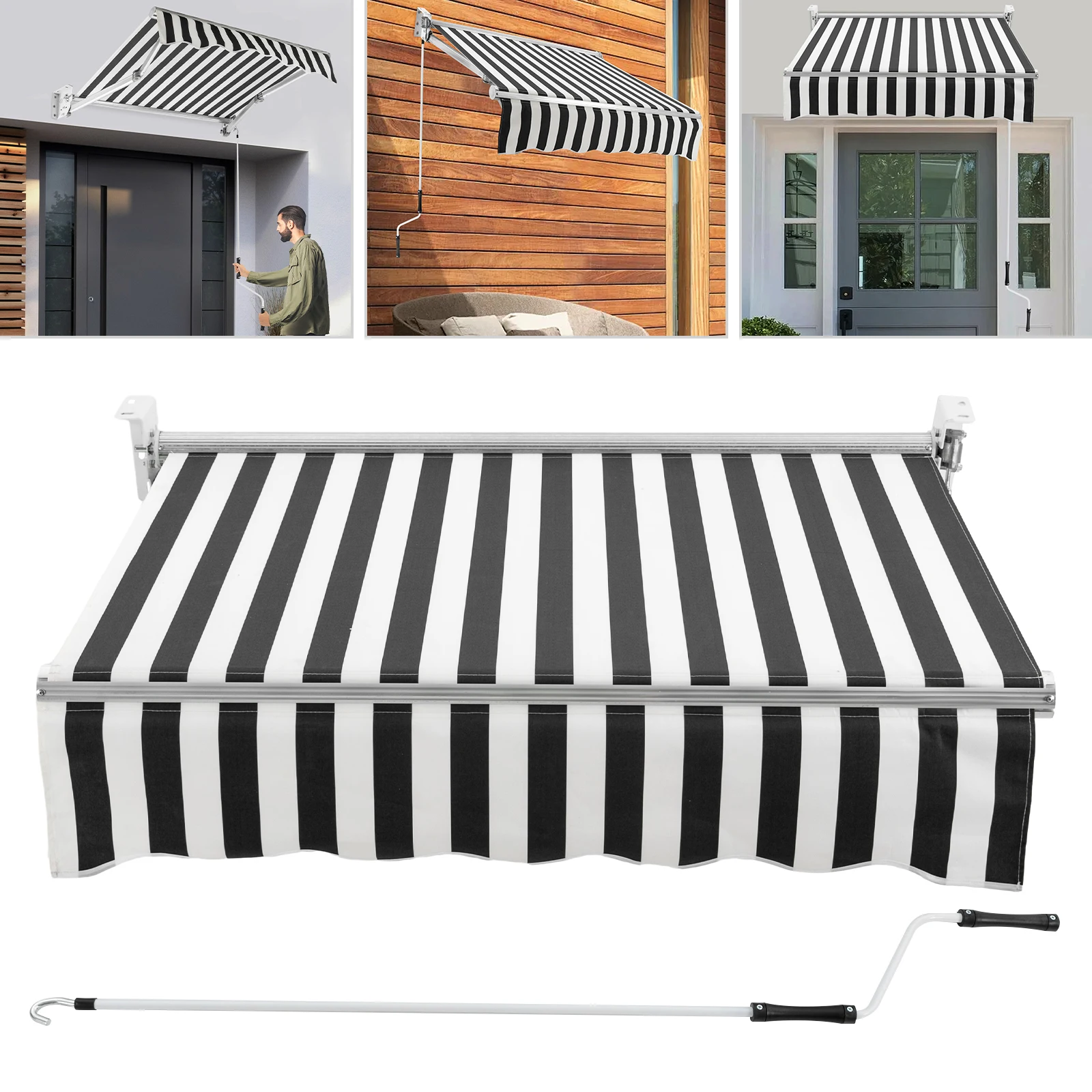 

1.5M/2M Manual Retractable Awning, Door Window Awning Sunshade Shelter with Crank Handle, Outdoor Shade Black&White/Red&White