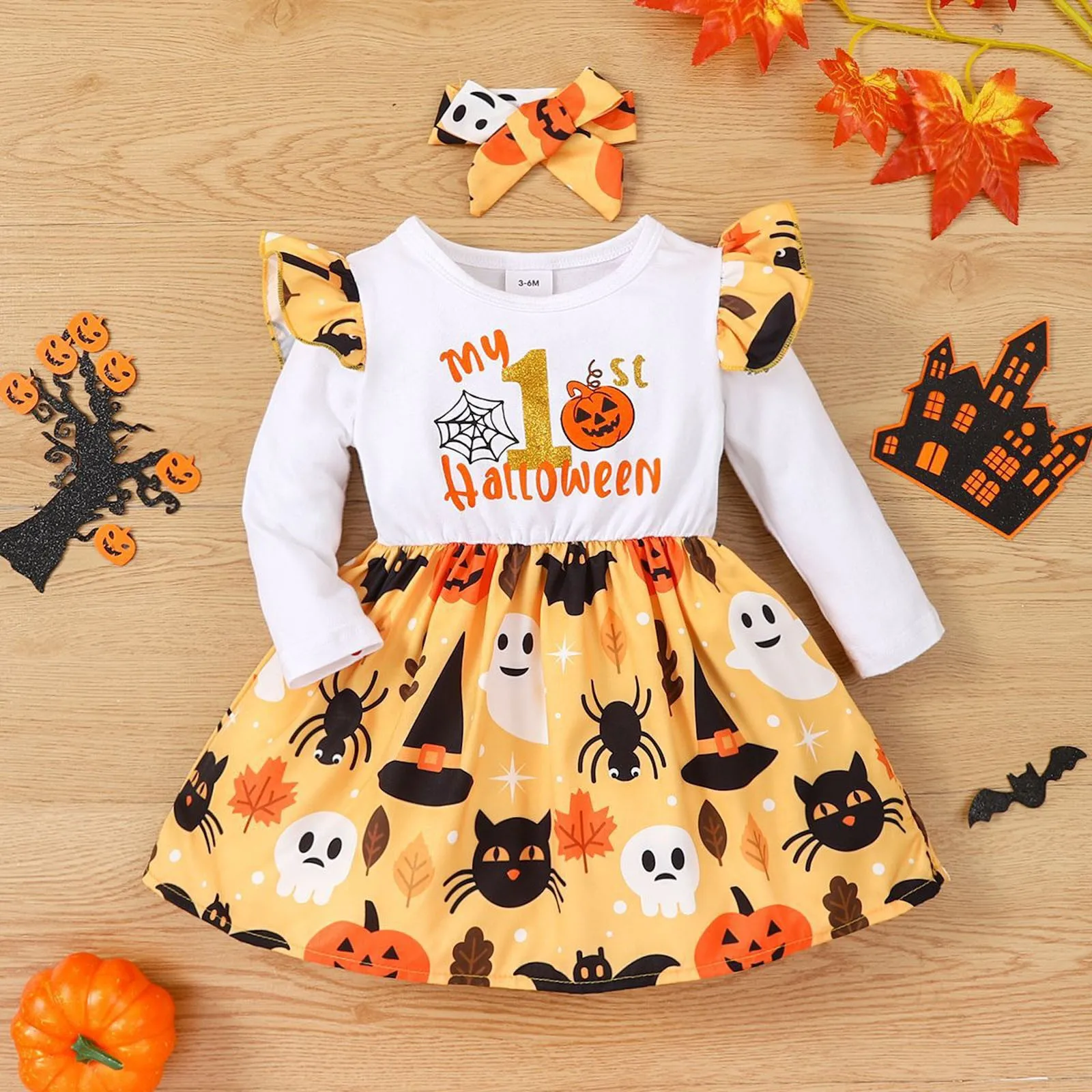 Toddler Girls Halloween Princess Dress Long Sleeve Letter Pumpkin Prints Dress Headband Festival Party 2Pcs Outfits Kids Clothes