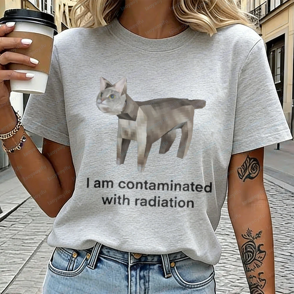 Whimsical Cat Meme Cotton Tee I Am Contaminated with Radiation Low Poly Cat Graphic Shirt for Women Men Funny Trend Casual Tops