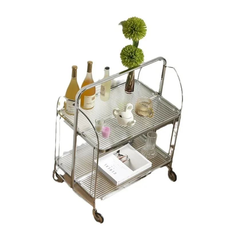 Medieval foldable mobile cart multi-layer glass rack storage stainless steel Internet celebrity dining car  furniture