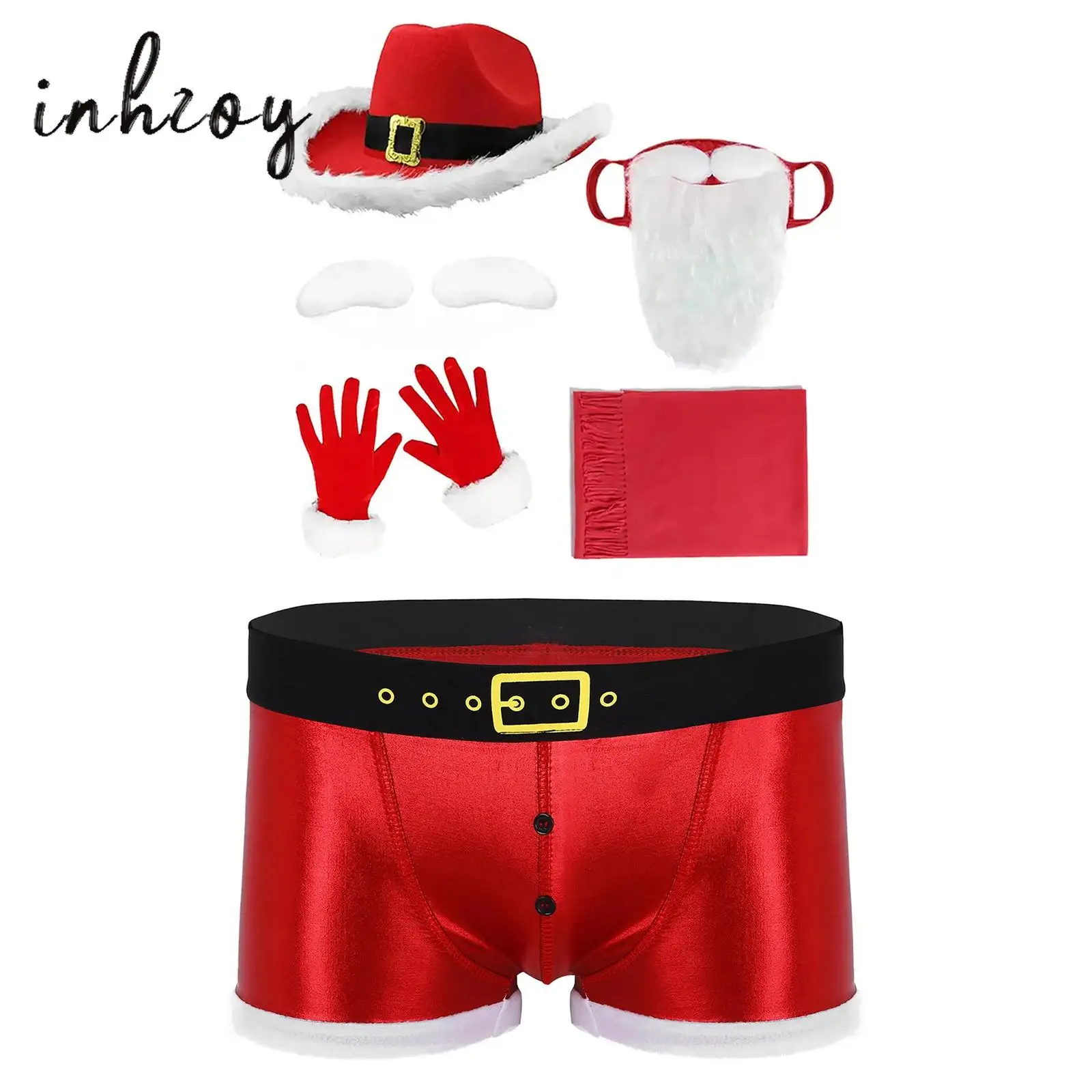 

Men Christmas Santa Claus Boxer Shorts with Hat Gloves Set Sexy Holiday Boxers Underwear Bulge Pouch Holiday Briefs Gifts Outfit