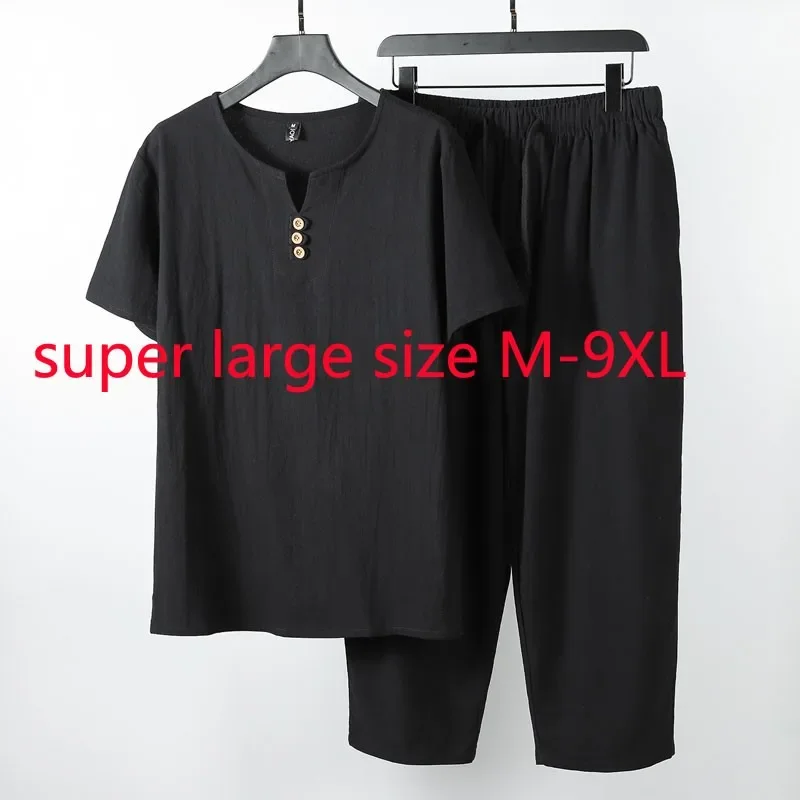 New Arrival Suepr Large Summer Men Short Sleeve Fashion Casual Linen Two Piece Set T-shirt Plus Size M-3XL 4XL5XL6XL 7XL 8XL 9XL