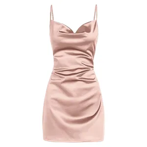 Satin -Satin -Schiebekleid von Frauen, Seide, niedrig geschnitten, smocked, Partykleider, Kapuze, Rücken ohne Rücken, Mini -Nachtclub, kurz 8 Hauptverkäufe Kurzkleid - №3