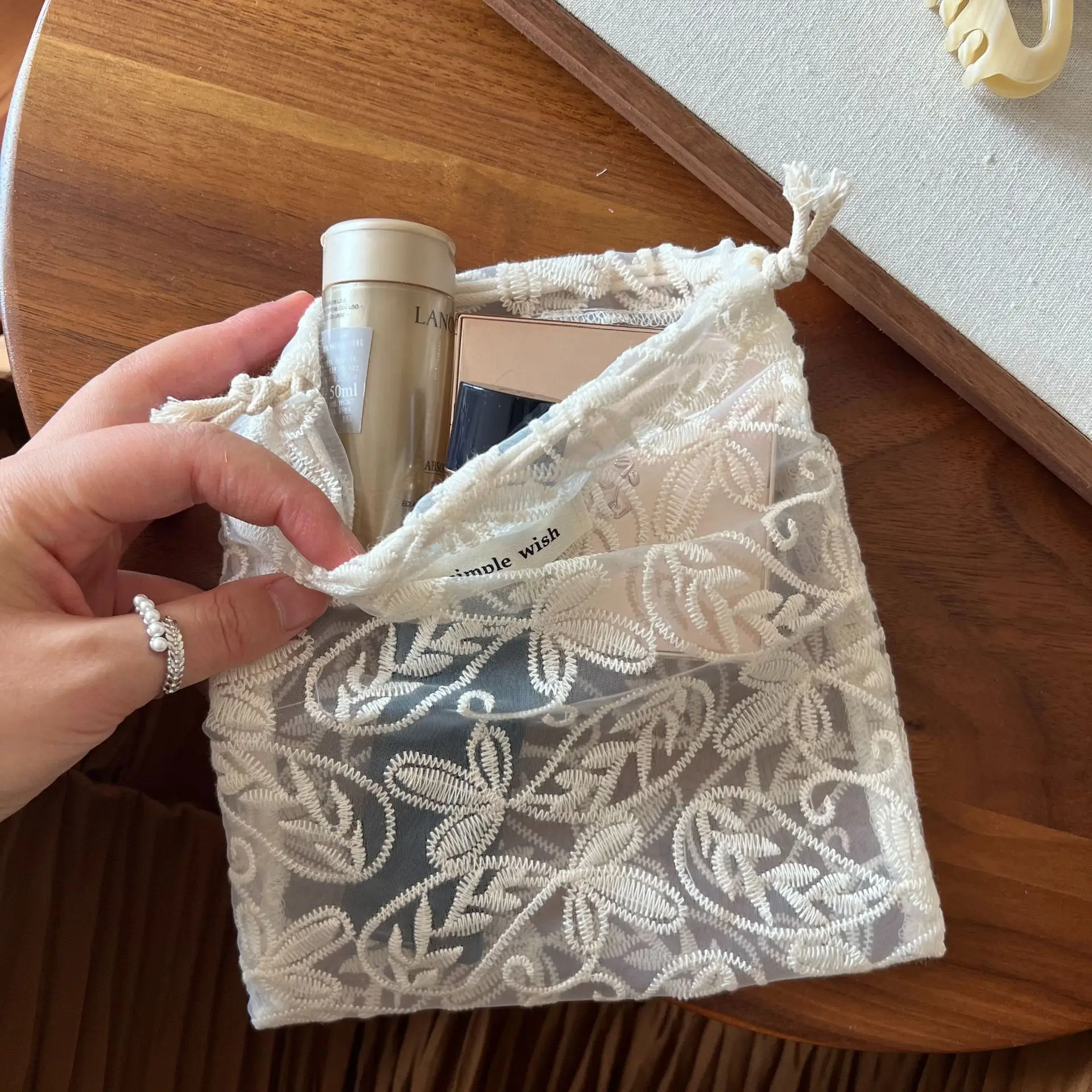 Retro-Aufbewahrungstasche aus Spitze, Aprikose, mit Spitzenausschnitt, bestickt, Mehrzweck-Organizer, Aufbewahrungstasche für Haarschmuck und Kopfhörer – Detail 17