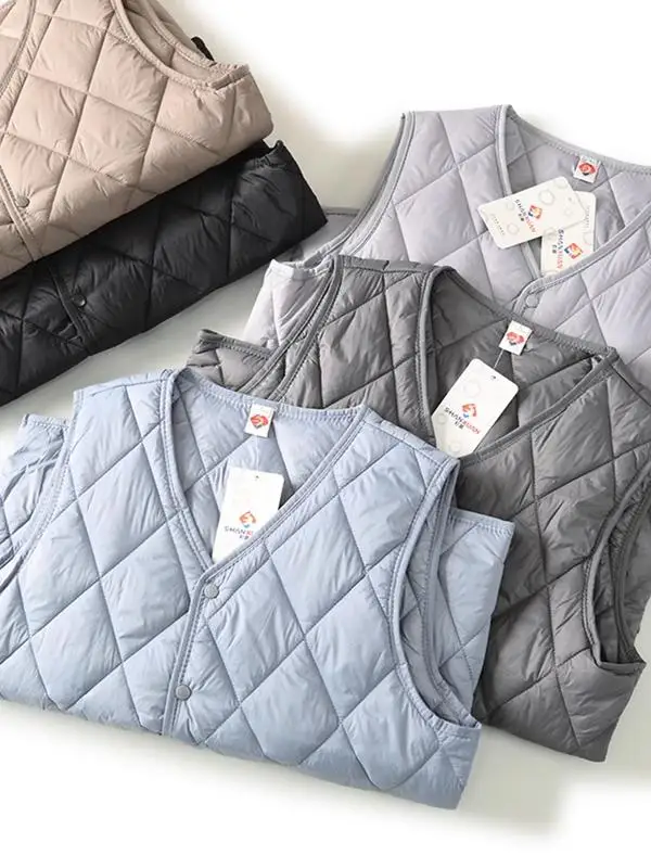 Autumn Winter Quilted down Cotton Vest Lightweight Windproof Warm V-Neck Casual Couple Style Diamond Patterned Unisex Vest