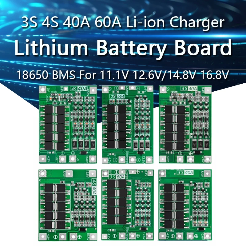 

3S 4S 40A 60A Li-ion Lithium Battery Charger Protection Board 18650 BMS For Drill Motor 11.1V 12.6V/14.8V 16.8V Enhance/Balance