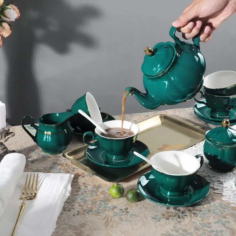 21 Piece Vintage Porcelain Tea Set, Dark Green China Coffee Service for 6, Teapot, Small Tea Cup with Gold Trim, Tea Sets