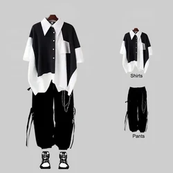 New Men Streetwear Two-piece Suit Splice Chain Long Sleeve+Ribbon Chain Pants Harajuku Cargo Pants 2 Piece Sets Mens Outfits