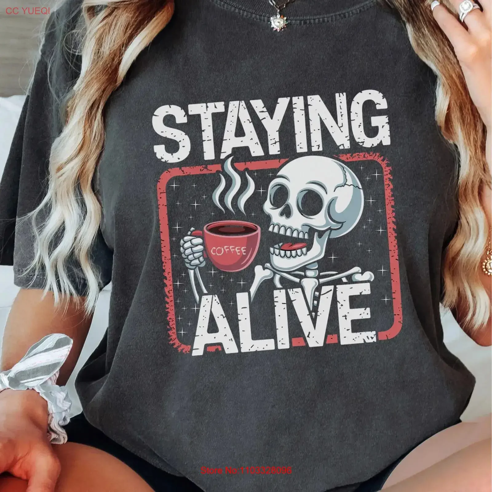 T-shirt tendance pour femme, motif café, squelette amusant, amoureux des crânes, vintage, Halloween, délavé, respirant, décontracté
