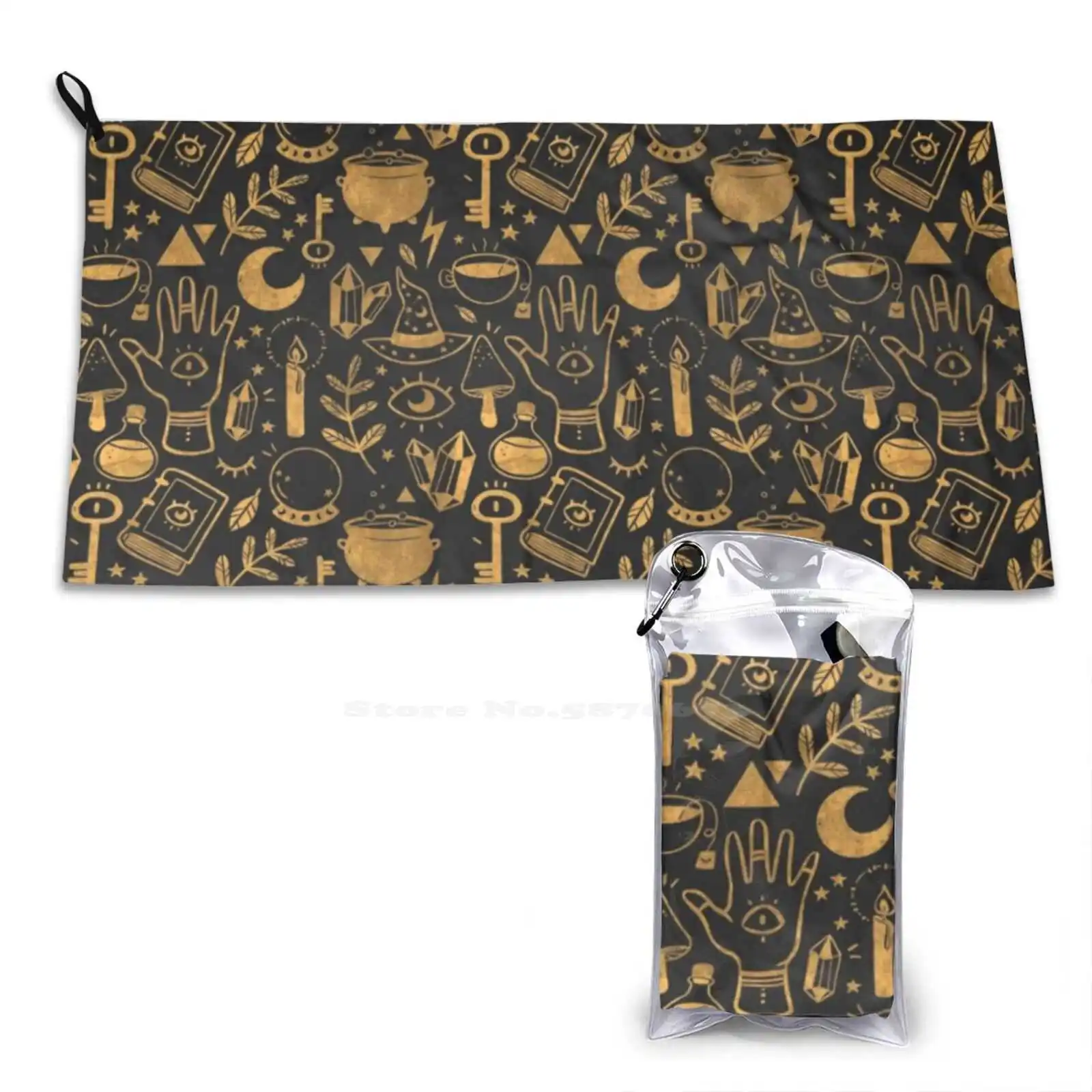 Witchy Things Textured Gold Soft Towel Quick Dry Beach Towel Witchy Thing Halloween Mushroom Spooky Key Crystal Ball Spell Book