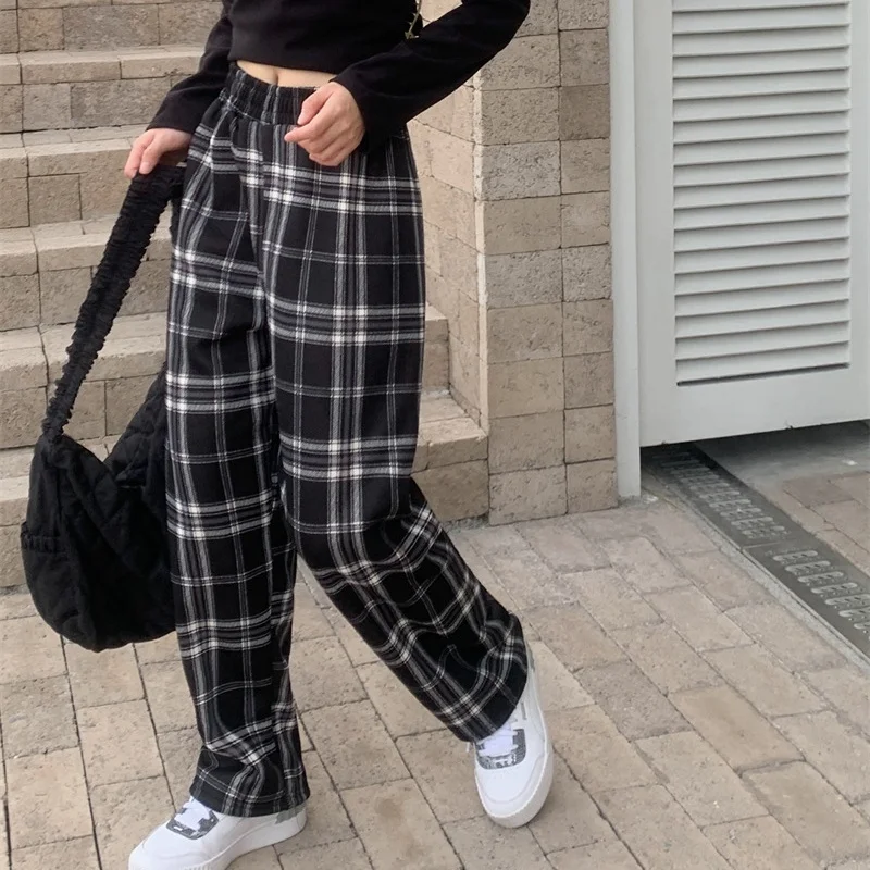 سراويل منقوشة مبطنة وسميكة ، أرجل واسعة ، عالية الخصر ، فضفاضة ، مستقيمة ، دافئة ، ترفيهية ، صوف خروف ، شتوي #3