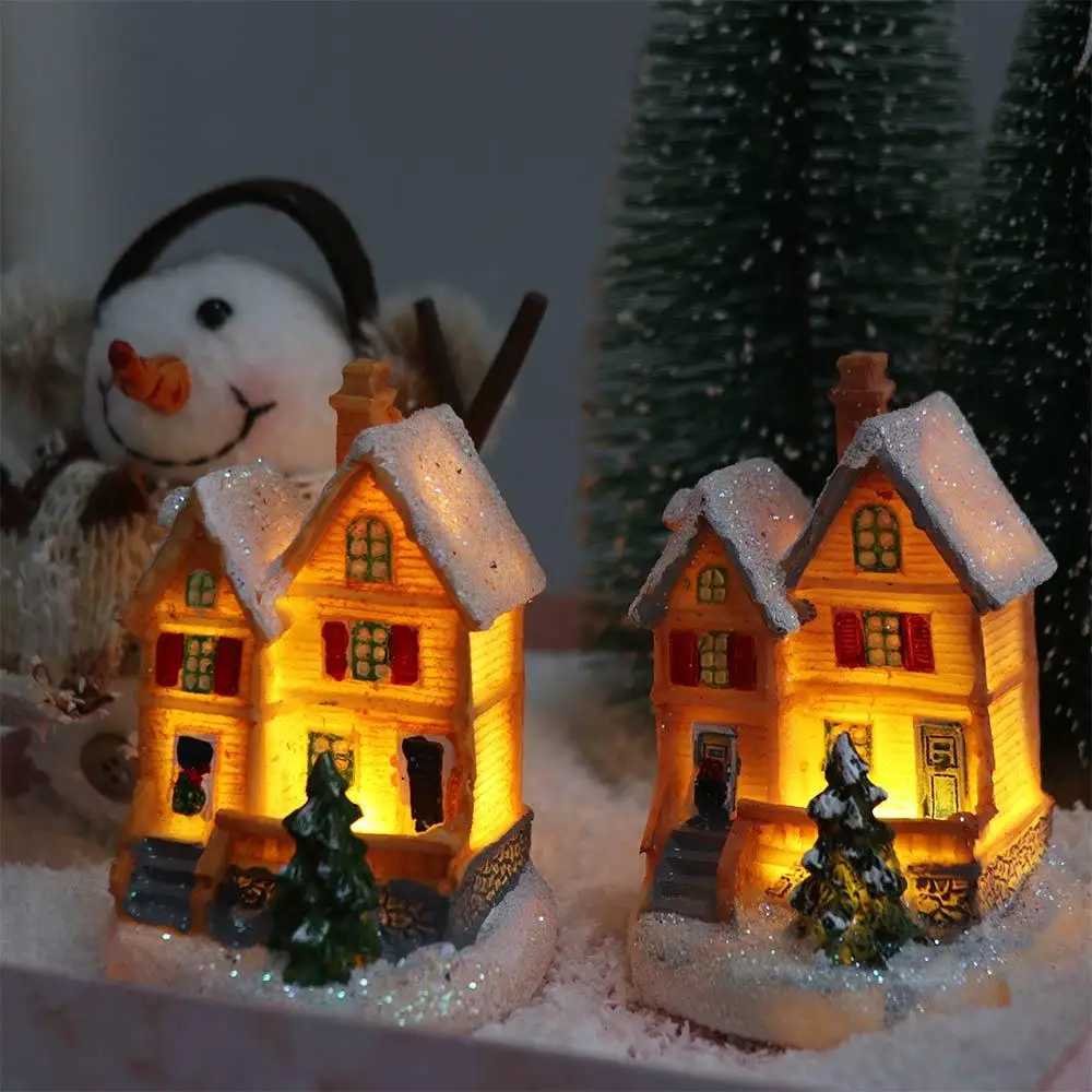 Luminous Christmas Snow House Glowing Cabin Winter Snow LED Lighted Houses Miniature Model Festival Ornament