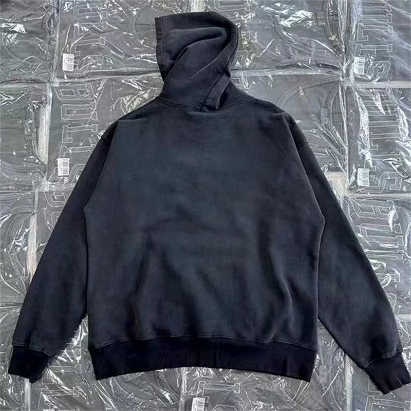 Retro Washed Black Distressed Saint Hooded Sweatshirt Simple Letter Print Men Women 100% Cotton Loose Hoodie Best Quality