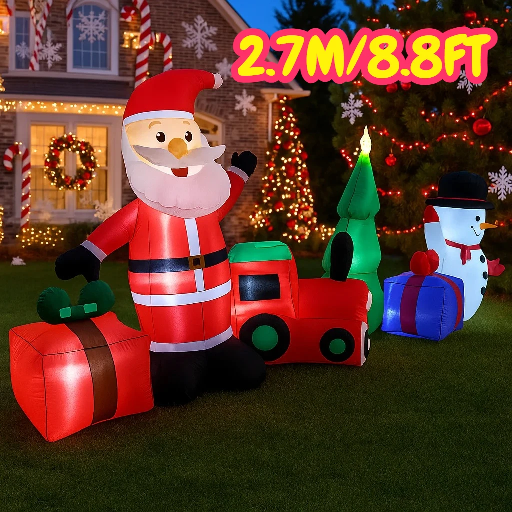 2,7 M/8,8 pies inflable Santa Claus muñeco de nieve tren luces de regalo LED decoración del hogar juguetes patio adornos de Navidad decoración de iluminación de vacaciones