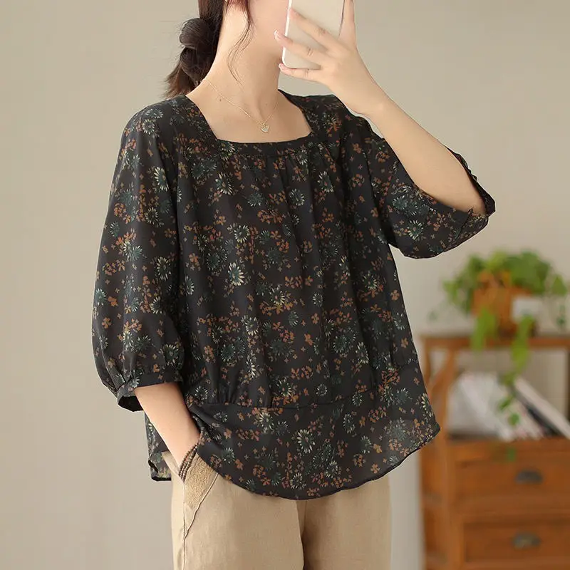 

Summer Square Collar Women's Pullover Plant&Flowers Printing Three Quarter T-shirt Chiffon Casual Elegant Prairie Chic Tops