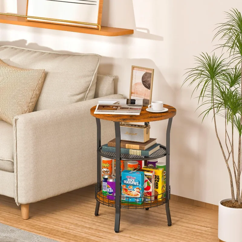 Ironwood Round Side Table Vintage Floor-Standing Storage Shelf for Living Room/Bedroom