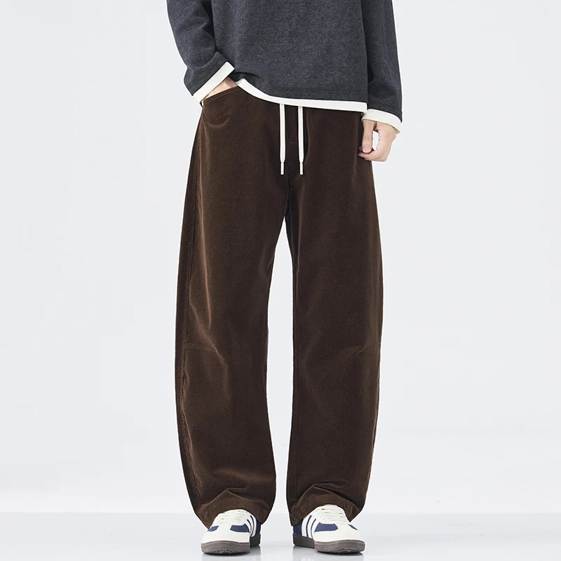 

Свободные осенние вельветовые брюки для мужчин, модные корейские прямые повседневные спортивные штаны на шнурке, удобные широкие брюки мужские