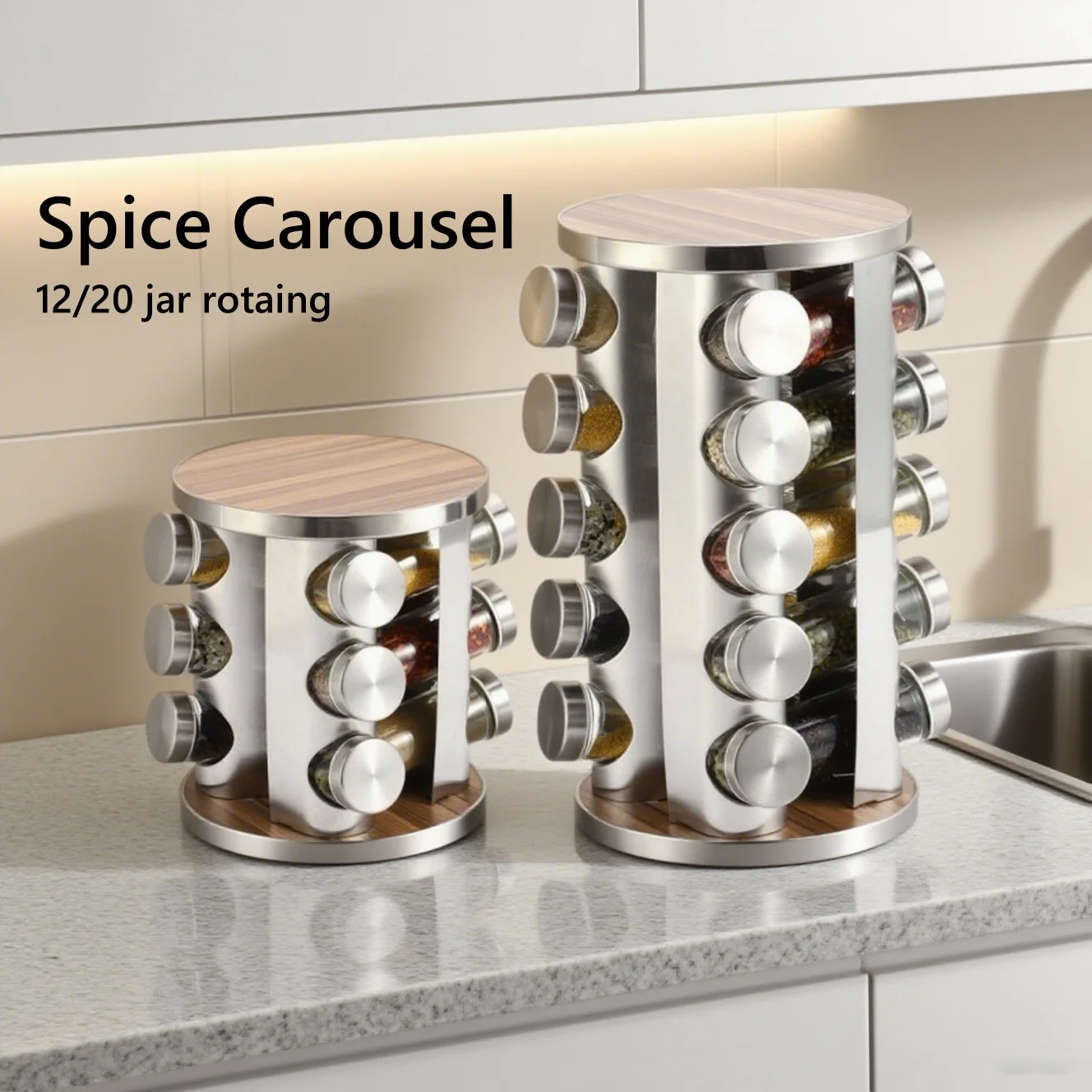 

Новые кухонные принадлежности, набор вращающихся банок для приправ с круглой бутылкой, кухонный органайзер из нержавеющей стали, шкаф для кладовой