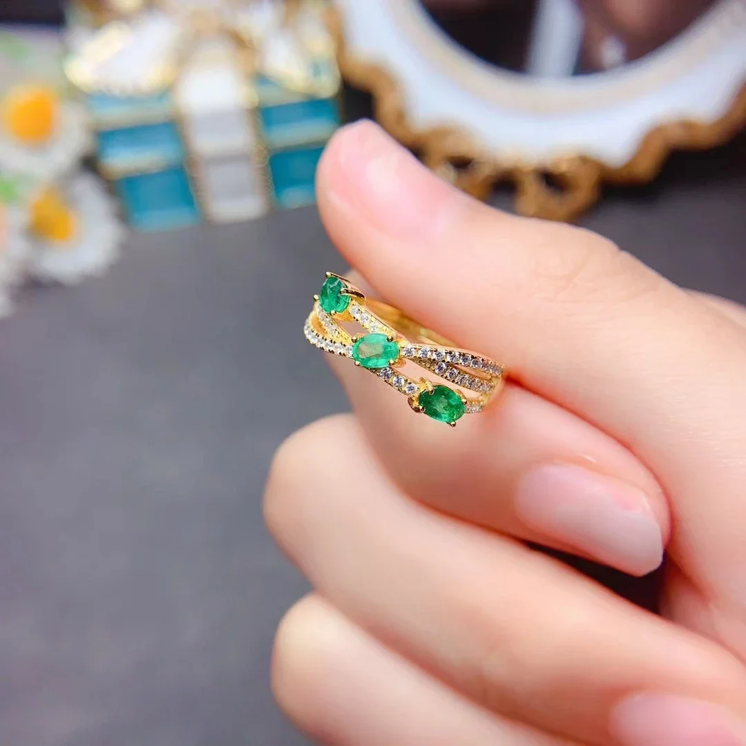 

Sterling Silver Emerald Ring for Daily Wear 3mm*4mm Total 0.45ct Natural Emerald Silver Ring with 3 Layers 18K Gold Plating