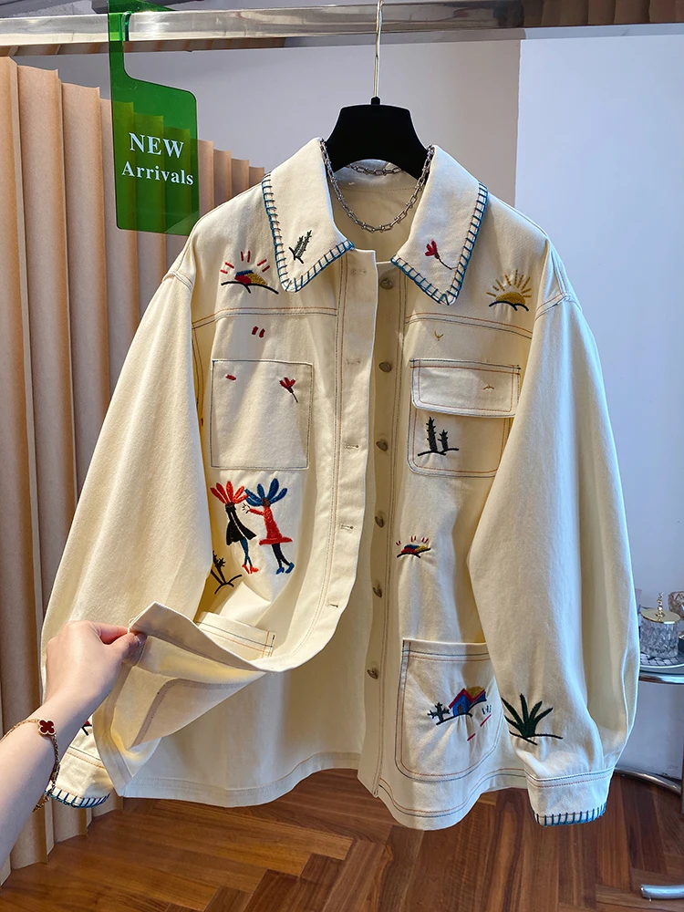 High-End Katoen Linnen Geborduurd Denim Jaet Dames Losse Sle Lente 2025, Nieuwe Collectie Casual Comfortabele Button-Up Top