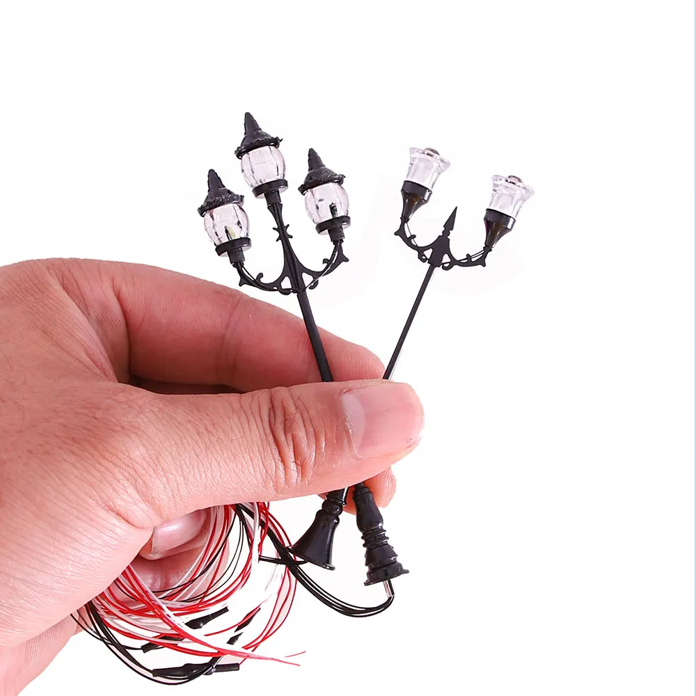 2pcs 12V LED Miniature Street Lamp Model Light, 2/3 Heads Vintage Dollhouse Garden Railway Scenery Lighting, Dioramas Supplies