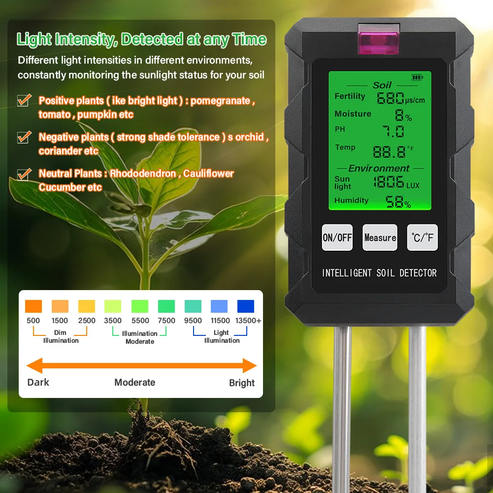 Digital 6 in 1 Soil PH Meter Fertility Soil Moisture Sunlight Ambient Humidity Temp Tester Monitor Detector Garden Soli Analyzer