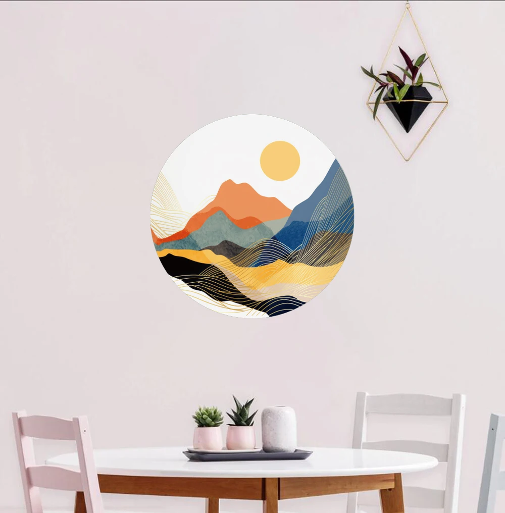 Watercolor Mountain Circle Sun Landscape Wall Sticker Bedroom Living Room Wildlife Woodland Wall Decal Playroom Home Decor