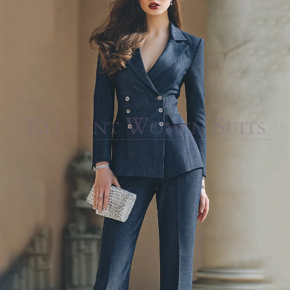 

High Quality Trendy Women's Suits 2 Piece Jacket Pants Sets Double Breasted Peak Lapel Denim Blazer Bespoke Female Clothing