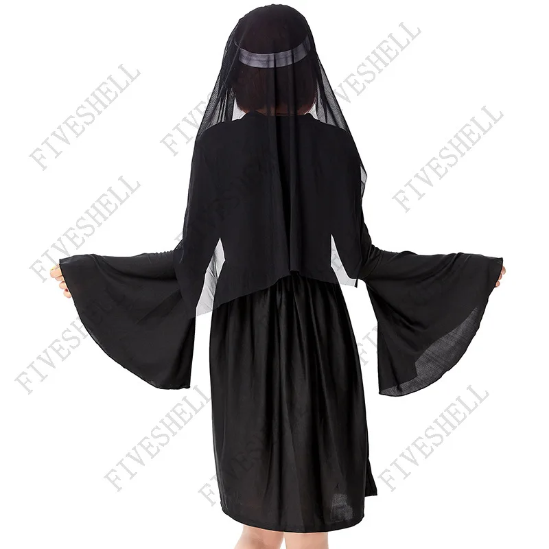 2024 Medieval Sexy Lady Women Nun Cosplay Costume Role Play Halloween Carnival Stage Outfit High Neck Flare Sleeve Dress