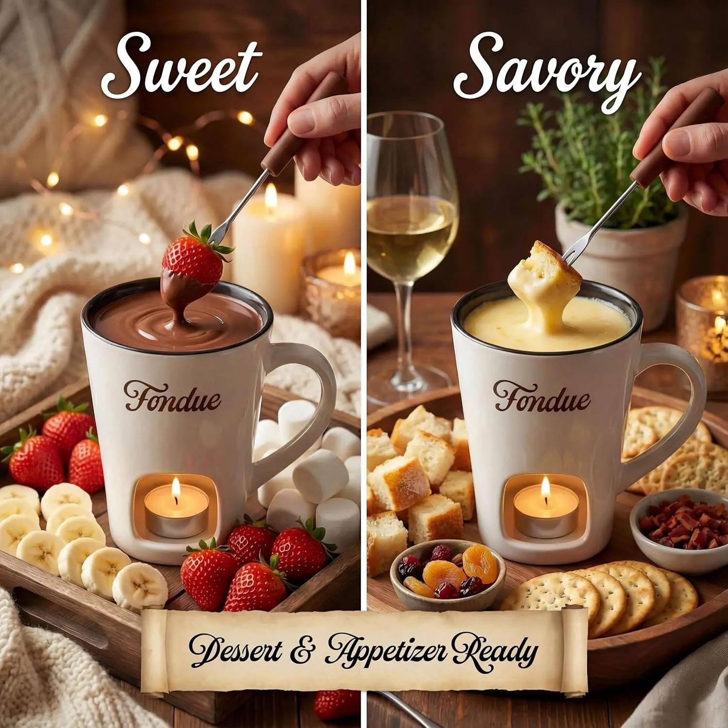 Sweet Ceramic Fondue Cup with Forks Cheese Melting Pot Set for Chocolate Melting Mug