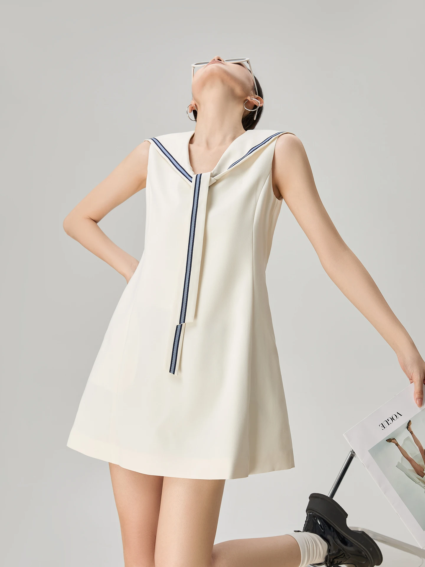 

Summer New White Navy Collar Svel Vest Dr Women's High Waist A-Line Skirt Commute Sle Polyester Spandex Blend