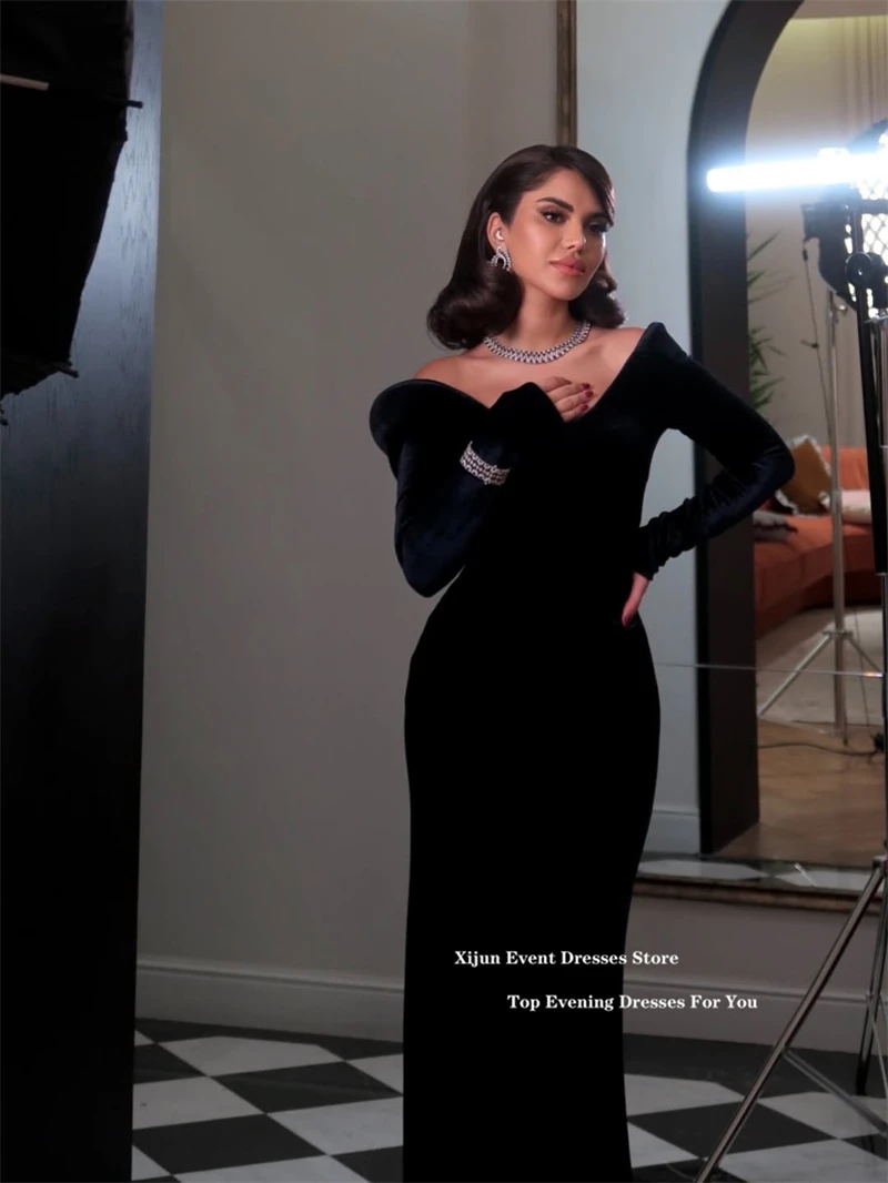 Xijun Simple Velvet Mermaid Evening Dresses Full Sleeves Navy Blue Formal Prom Dresses Dubai Occasion Prom Gowns Women Customize