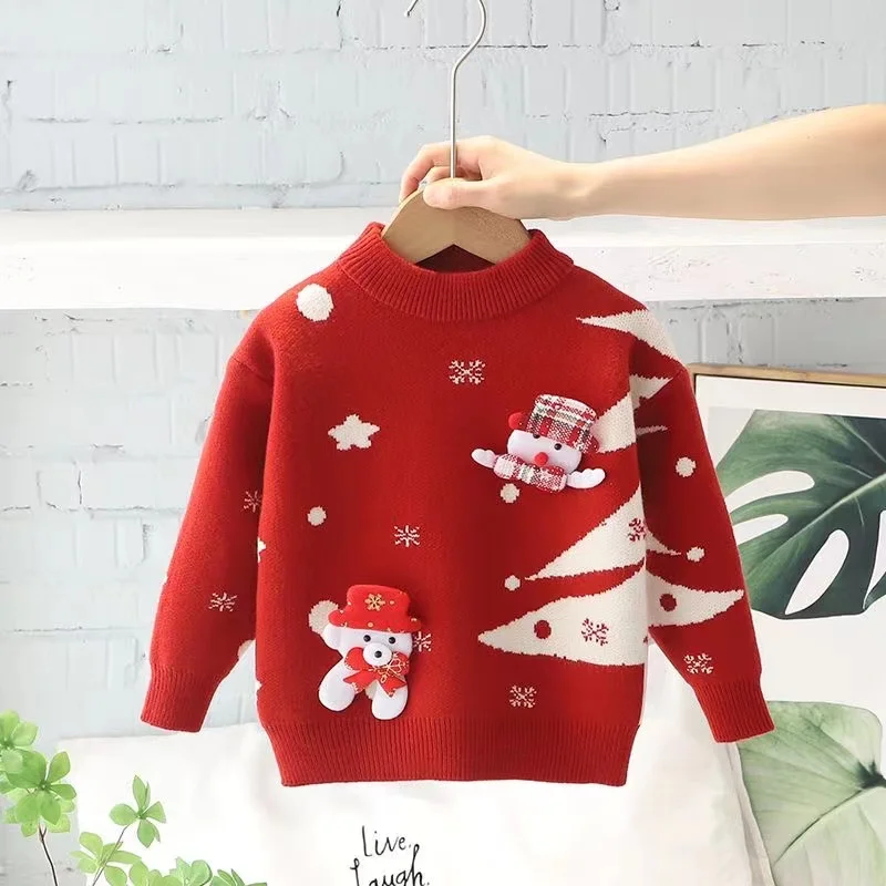 Girls Pullover Sweater Children\'s Plush And Thickened Baby Girls Christmas Cartoon Girls New Year Clothes Red Knitwear Top Kids