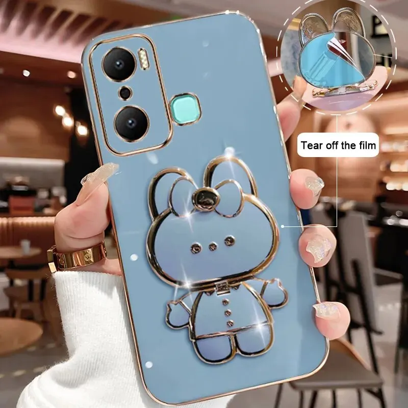 Makeup Mirror Phone Case For Infinix Hot 20i Plating Cartoon Rabbit Folding Bracket Phone Protection Case Cover