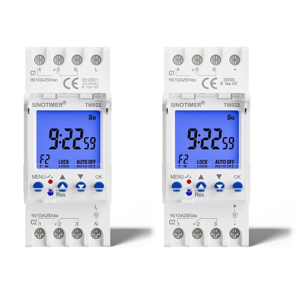 SINOTIMER TM922 2-kanałowy Programowalny 24-godzinny Zegar z Przedziałem Sekundowym Cyfrowy Wyłącznik Czasowy na Szynę DIN 7-dniowy Przekaźnik Czasowy G488