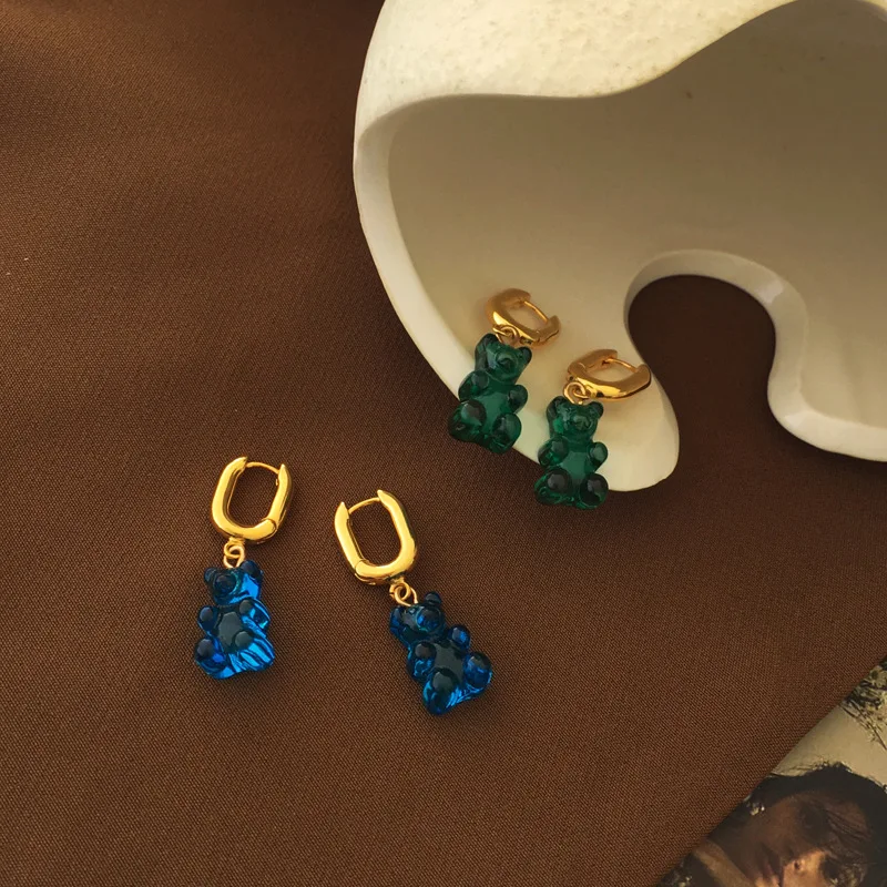 Modern Jewelry Little Bear Earrings Lovely Blue Green High Quality Brass Transparent Resin Drop Earrings For Women Accessories