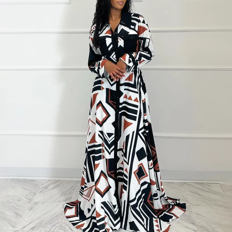 African Shirt Maxi Dress Women High Waist Full Sleeve Robes Spring New Fashion Print Elegant Streetwear African Dresses Vestidos