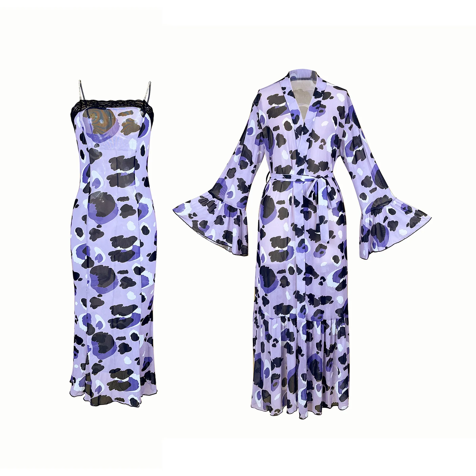 Purple Leopard Print Mesh See-through Nightgown Two-piece Set For Women With Shoulder Straps Long Dress With Bell Elegant MM4A