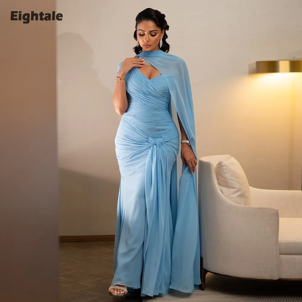 

Eightale Arabic Evening Dress Swetheart Pleats Customized Chiffon Blue Mermaid Prom Wedding Party Gown