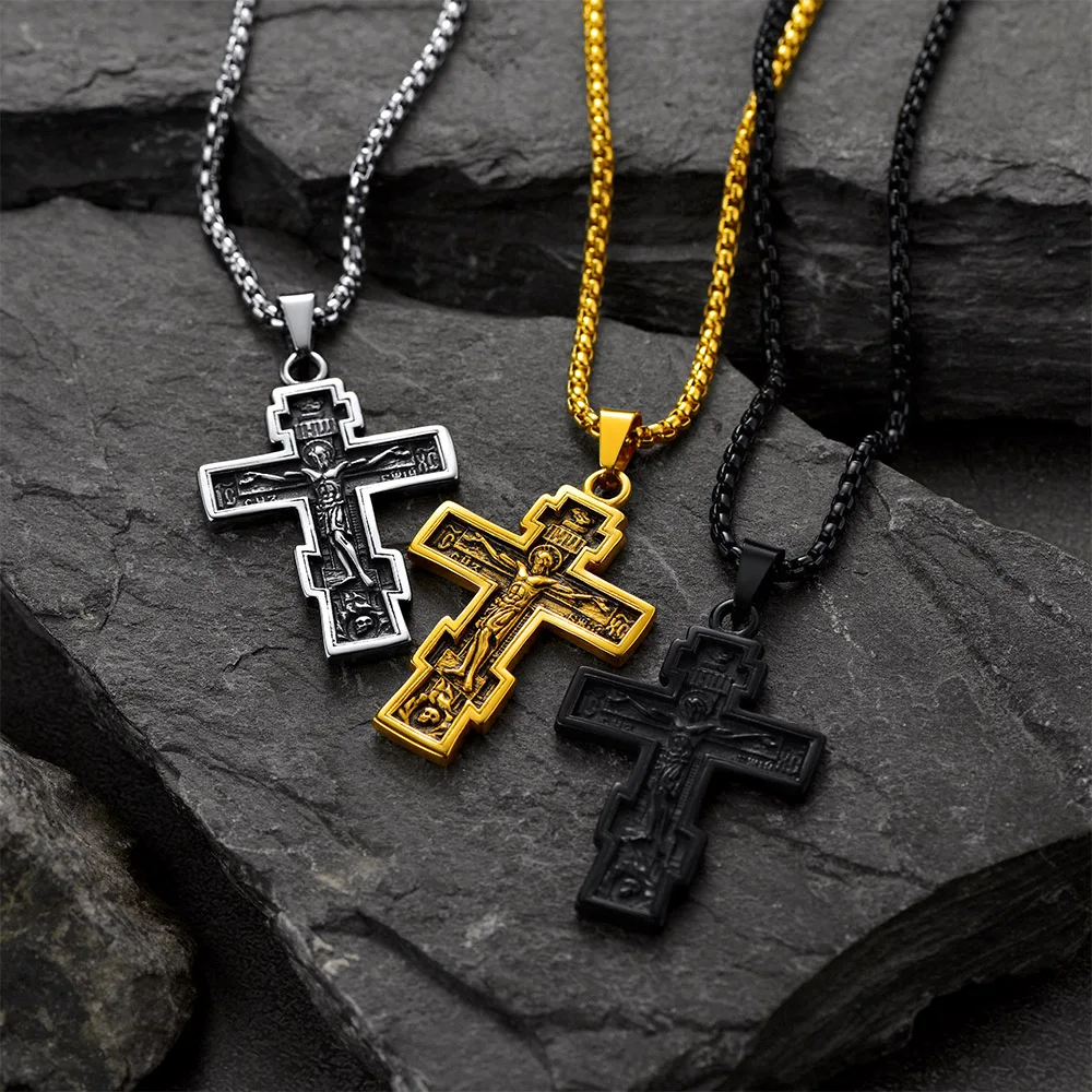 U7 Stainless Steel Orthodox Necklaces Jesus Russian Eastern Cross Crucifix Pendant Retro Vintage Unisex Jewelry Gift Choice Sale