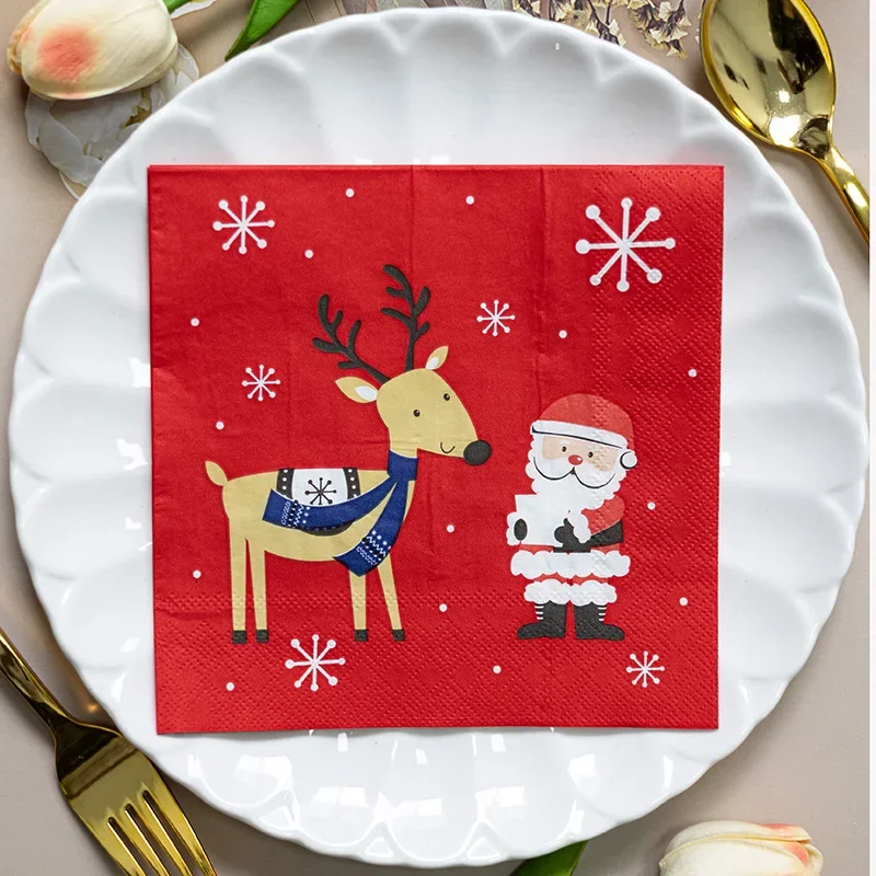 20pcs/Pac 33cm 2-Ply Red Cartoon Santa Claus and Deer Printed Napkins Christmas Party Colorful Handkerchief Square Napkins